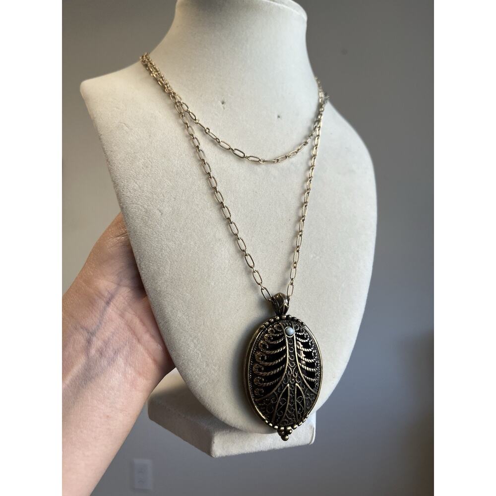 Vintage Antique Bronze Reversible Medallion Necklace Long Flower Domed Cage 40” - Picture 5 of 12